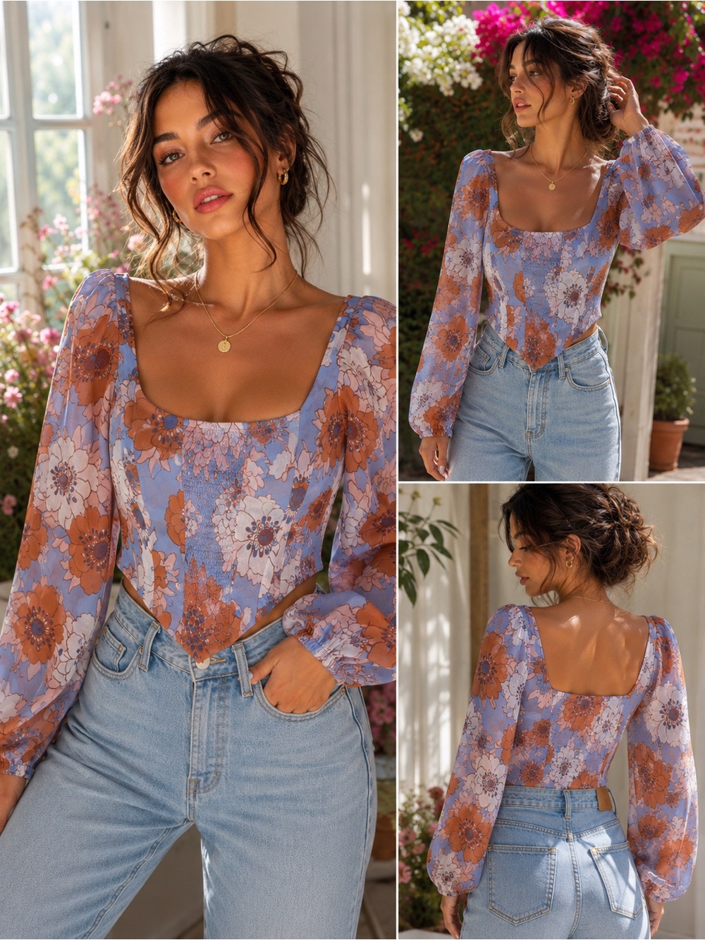 Wilfred Aritzia Floral Blouse Blue Puff Sleeve Cottagecore Size Small